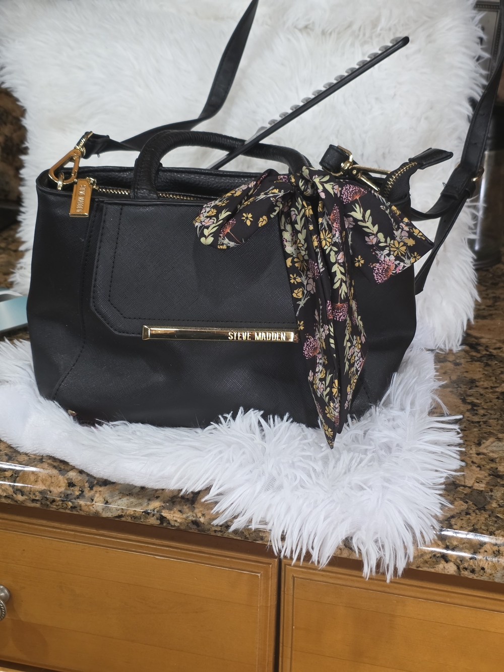 Steve Madden Black Satchel with Floral Scarf Accent